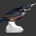 Blue And White Ceramic Kingfisher Figurine With White Base On Black Background