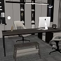 Modern Office Desk Setup With Computer Monitor Desk Lamp Bookshelves And Stylish Chairs