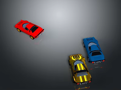 Toy Cars in Red Blue and Golden Colors Displayed on Gray Background 3d model
