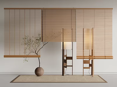 Natural Style Bamboo Blinds in Japanese Minimalist Interior With Plant And Wooden Lamp Stand 3d model