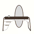 Modern Dressing Table With Oval Mirror Dark Wooden Top And Lower Shelves Decorative Item