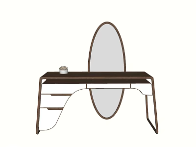 Modern Dressing Table With Oval Mirror Dark Wooden Top And Lower Shelves Decorative Item 3d model