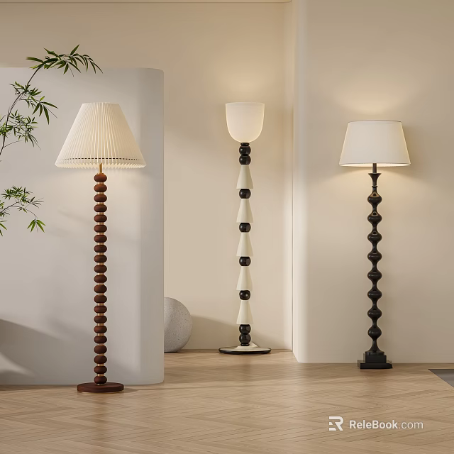 Three Stylish Floor Lamps With Different Base Designs And White Fabric Shades In Modern Room 3d model 