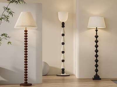 Three Stylish Floor Lamps With Different Base Designs And White Fabric Shades In Modern Room 3d model