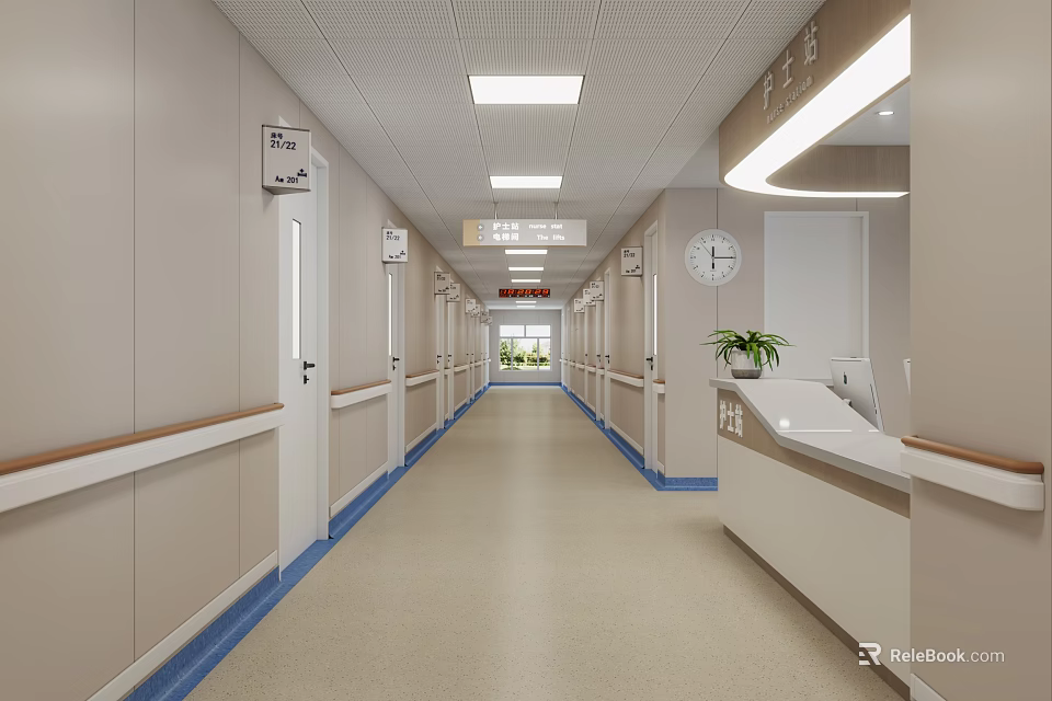 Hospital Corridor With Beige Walls Blue Trim Ceiling Lights Clock Plant Handrails And Nurse Station 3d model 