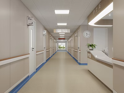 Hospital Corridor With Beige Walls Blue Trim Ceiling Lights Clock Plant Handrails And Nurse Station 3d model