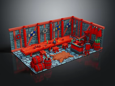 Medieval Blacksmith Workshop Interior With Wooden Workbench Barrels Hanging Tools And Gray Brick Walls 3d model