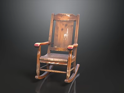 Wooden Rocking Chair with Worn Vintage Design Red Armrests and Classic Wooden Frame 3d model