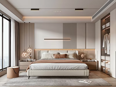 Modern Bedroom Interior With Large Bed Headboard Wardrobe Window Lighting And Rug 3d model