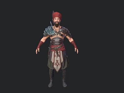 Bearded Man In Red Turban With Decorative Armor And Warrior Like Attire 3d model
