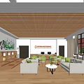 Modern Office Interior With Wooden Ceiling White Sofas Green Cushions And Bookshelves