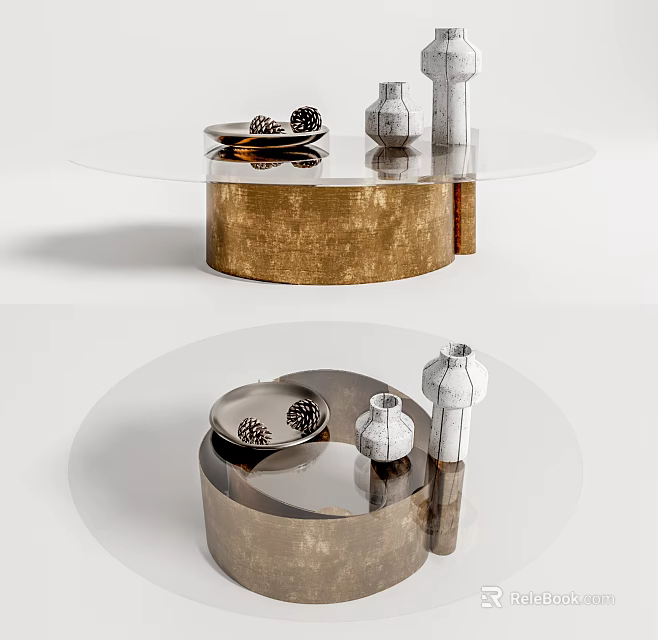 Round Coffee Table With Glass Top Gold Metal Base Featuring Vases And Pinecones 3d model 