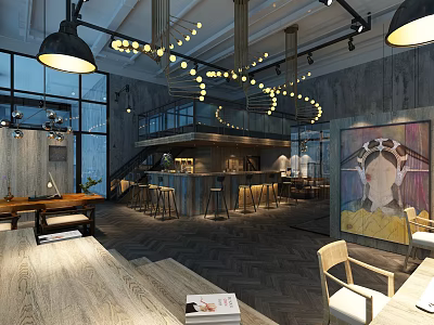 Modern Public Office Space With Large Windows Pendant Lights And Wooden Floors 3d model