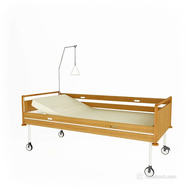 Wooden Medical Bed With Wheels And Overhead Lamp For Patient Care 3d model 