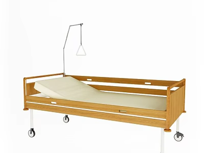 Wooden Medical Bed With Wheels And Overhead Lamp For Patient Care 3d model