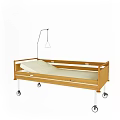 Wooden Medical Bed With Wheels And Overhead Lamp For Patient Care