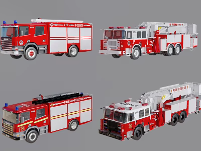 Red Fire Trucks with Ladder and Emergency Rescue Equipment Collection 3d model