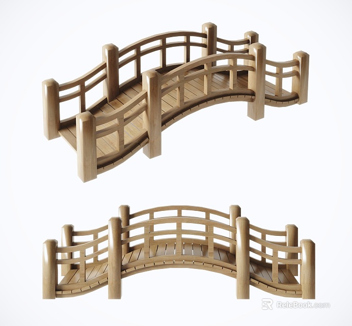 Elegant Wooden Landscape Bridge Featuring Curved Structure And Intricate Railings Design 3d model 