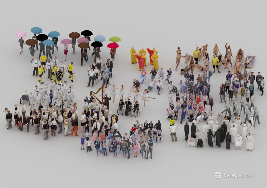 Crowd of People Figures in Various Poses and Colorful Clothing Styles 3d model 
