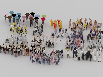Crowd of People Figures in Various Poses and Colorful Clothing Styles 3d model
