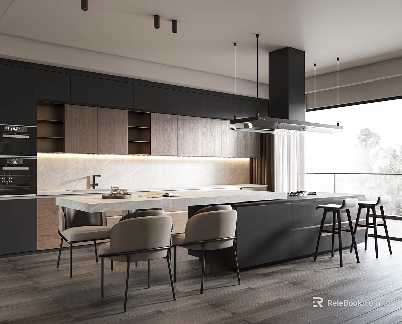 Elegant Modern Restaurant Interior With Marble Island Cabinets And Pendant Lights 3d model 