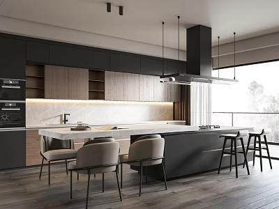 Elegant Modern Restaurant Interior With Marble Island Cabinets And Pendant Lights 3d model