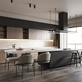 Elegant Modern Restaurant Interior With Marble Island Cabinets And Pendant Lights