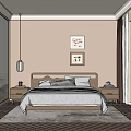 Elegant Modern Bedroom Interior With Wooden Bed Pendant Light And Artwork On Walls