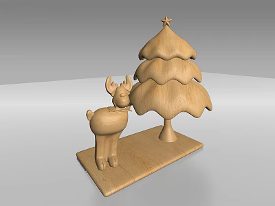 Wooden Carved Christmas Tree and Deer Decorative Ornament Set for Holiday Decoration 3d model