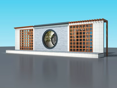 Traditional Garden Wall Design With Circular Window Lattice Panels And Wooden Frame 3d model