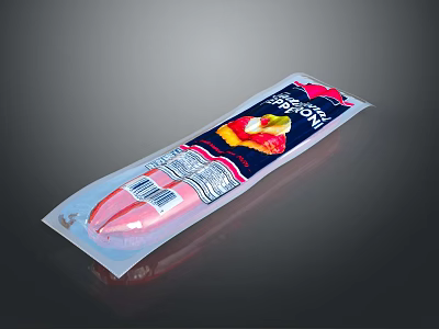 Vacuum Packaged Mortadella Sausage With Fruit Illustration Label On Dark Background 3d model