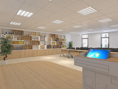Bright Conference Room With Bookshelves Conference Tables Podium Screen And Wooden Flooring 3d model