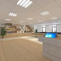 Bright Conference Room With Bookshelves Conference Tables Podium Screen And Wooden Flooring