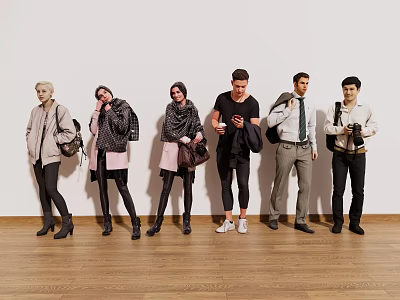 Group of people in various outfits standing on wooden floor with white wall holding bags 3d model