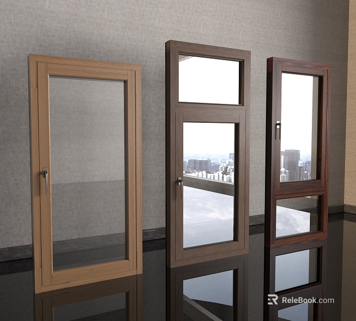 Casement Windows in Various Wood Finishes with Clear Glass Panels Mounted on Gray Wall 3d model 