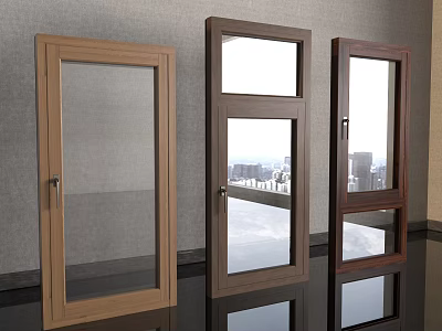 Casement Windows in Various Wood Finishes with Clear Glass Panels Mounted on Gray Wall 3d model