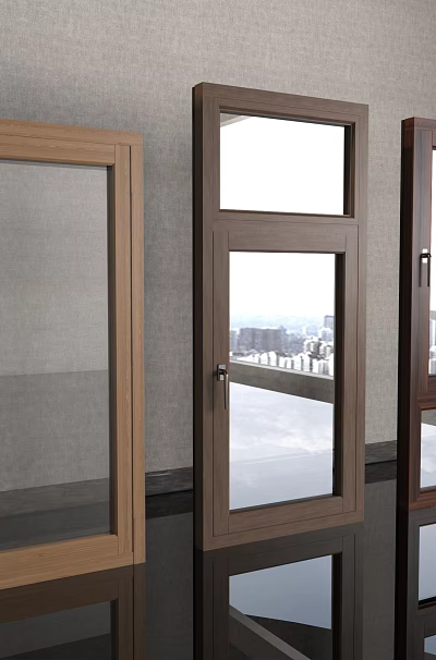 Casement Windows in Various Wood Finishes with Clear Glass Panels Mounted on Gray Wall 3d model
