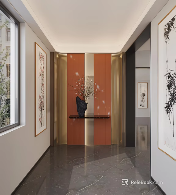 Elegant Console Table With Orange Backdrop Black Vase Flower Branches And Decorative Paintings 3d model