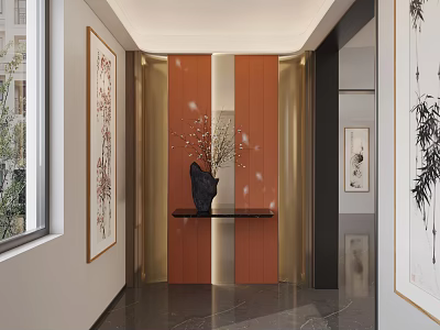 Elegant Console Table With Orange Backdrop Black Vase Flower Branches And Decorative Paintings 3d model