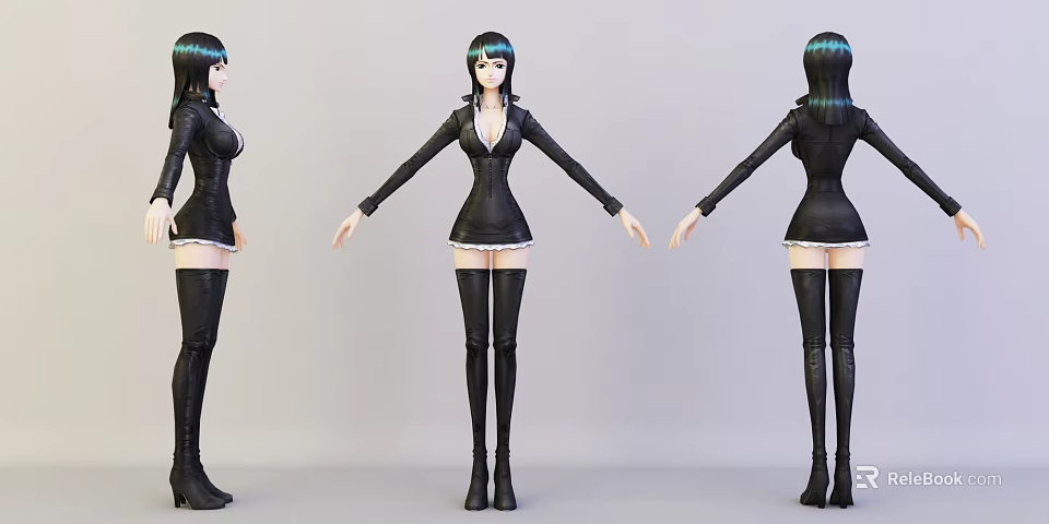 3D Game Movie Character with Teal Hair Black Coat White Skirt and Thigh High Boots 3d model 