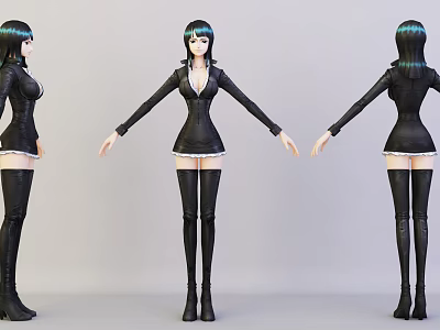 3D Game Movie Character with Teal Hair Black Coat White Skirt and Thigh High Boots 3d model