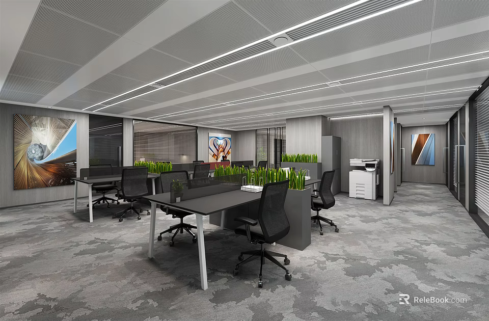 Modern Public Office Space With Open Workstations Black Chairs Green Plants And Printer 3d model 