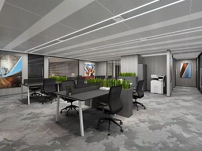 Modern Public Office Space With Open Workstations Black Chairs Green Plants And Printer 3d model