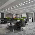 Modern Public Office Space With Open Workstations Black Chairs Green Plants And Printer