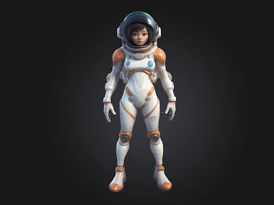 3D Model of Astronaut in White and Orange Spacesuit with Helmet on Black Background 3d model