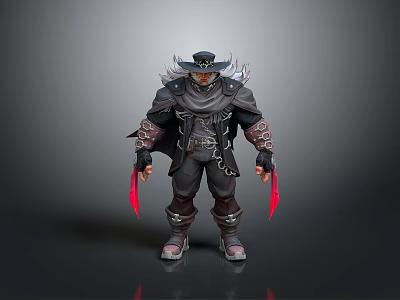 Man Wearing Dark Armor With Hat Cloak And Red Bladed Weapons 3d model