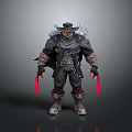 Man Wearing Dark Armor With Hat Cloak And Red Bladed Weapons