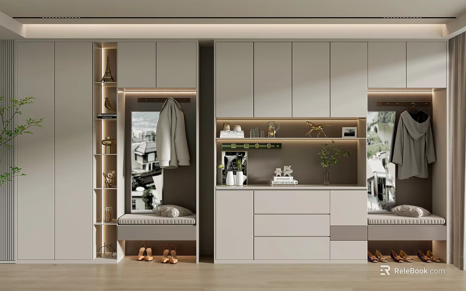 Modern Entryway Shoe Cabinet With Coat Hooks Mirror And Decorative Shelves 3d model 