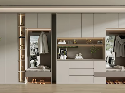 Modern Entryway Shoe Cabinet With Coat Hooks Mirror And Decorative Shelves 3d model