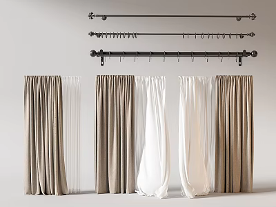Elegant Beige And White Curtains With Metal Curtain Rods And Hooks 3d model